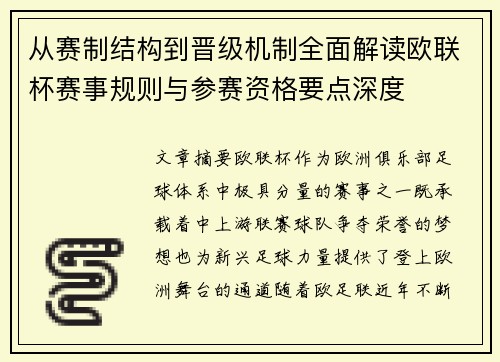 从赛制结构到晋级机制全面解读欧联杯赛事规则与参赛资格要点深度