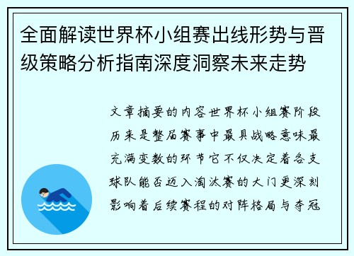 全面解读世界杯小组赛出线形势与晋级策略分析指南深度洞察未来走势