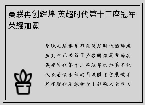 曼联再创辉煌 英超时代第十三座冠军荣耀加冕