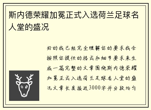斯内德荣耀加冕正式入选荷兰足球名人堂的盛况 斯内德荣耀加冕正式入选荷兰足球名人堂的盛况