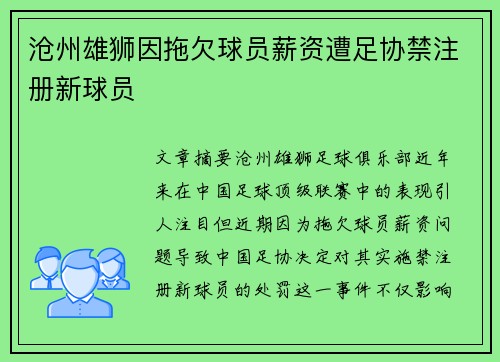 沧州雄狮因拖欠球员薪资遭足协禁注册新球员